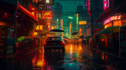 Urban Cityscape - Moody rain reflections of the city lights on the wet streets at night. Generative AI.