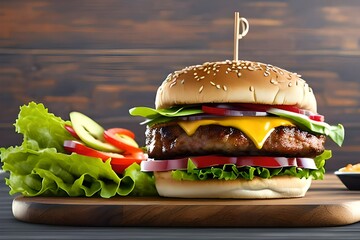 a delicious and juicy burger home in a rustic style with a big chop of beef