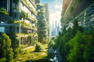 The green futuristic city is a bustling metropolis where towering buildings are adorned with vertical gardens, purifying the air and providing a sanctuary for local wildlife