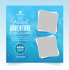 Travel promo vector square banner design. Travel vacatin banner. travel text promotion with special discount offer collection for business trip travelling sale. Vector illustration.