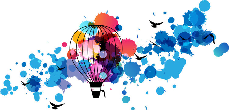 Rainbow air balloon with birds. Colorful abstract conceptual vector composition with splash paint decoration. Design element for travel, adventure, holiday or festival.