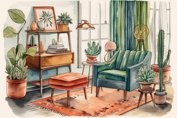 Bohemian home decor scene with mid century modern furniture. Houseplant, rug, greenery chair in cozy living room. Watercolor. Print. Homebound. Generative AI