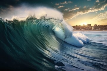 Tsunami.Powerful large ocean wave