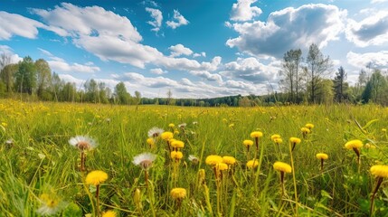 Flowers with grass, sky and forest on a sunny day Generative AI