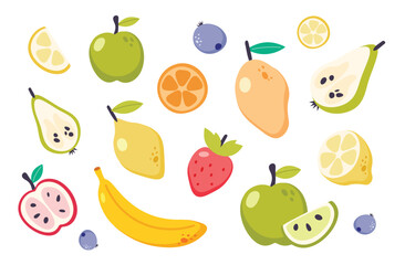 Summer fruit collection. Set of fresh tropical and garden fruits doodle, organic biological vegan food. Cute cartoon vector illustration