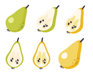 Cartoon pears. Green and yellow fruit isolated on a white background. Vector illustrations set