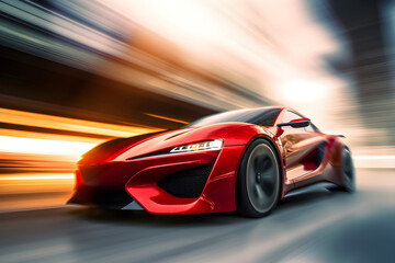 Obraz na płótnie Canvas Striking futuristic red color sport automobile on road, front view, generative ai.