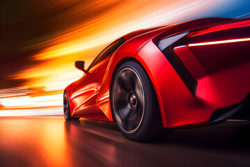 Obraz na płótnie Canvas Striking futuristic red color sport automobile on road, back view, generative ai.