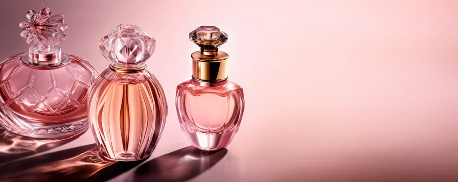 Elegance perfume Bottles, feminine cosmetic pink. Essence of Feminine Style. A Delicate and Exquisite Fragrance for Every Occasion concept. Generative AI