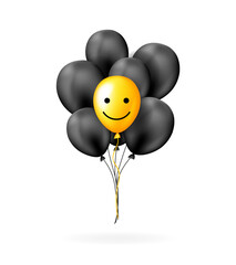 Yellow and black balloons bunch with smile face. Motivation concept.
