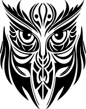 ﻿A black and white owl tattoo decorated with Polynesian designs.
