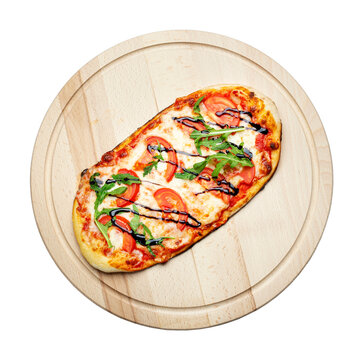 Delicious pizza served on wooden plate isolated on white background. File contains clipping path. Concept for advertising flyer and poster for restaurants or pizzerias,