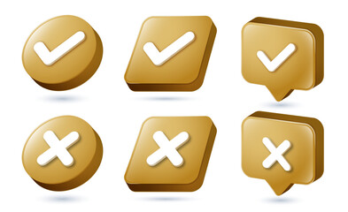 golden icons 3d check mark button correct and incorrect sign in different shape. Set check mark box frame with green tick and red cross symbols - yes or no 3d icons buttons