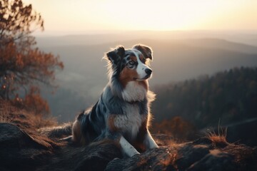 Obraz na płótnie Canvas a dog is sitting on a hill looking at the camera. generative ai