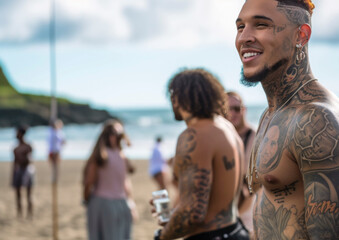 Man with tattoos and piercings wearing no shirt on the beach