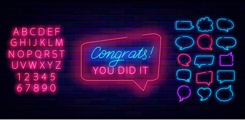 You did it. Congrats neon lettering sign. speech bubbles frames set. Winnig and casino. Vector illustration