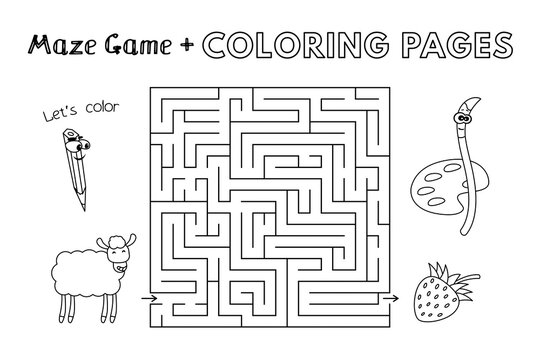 Cartoon sheep maze game. Vector coloring book pages for children