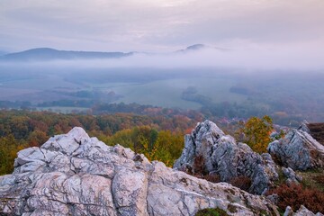 Fototapeta na wymiar Mountains in low clouds at sunrise in autumn. View of mountain peaks, rocks and colored trees in fog in fall. Beautiful landscape with foggy hills, forest, sunbeam. View from above of mountain valley