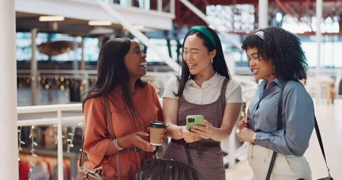 Friends, smartphone and social media with women at shopping mall, meme and comedy with technology and communication on day out. Diversity, laugh and excited about comic online, phone and 5g network.