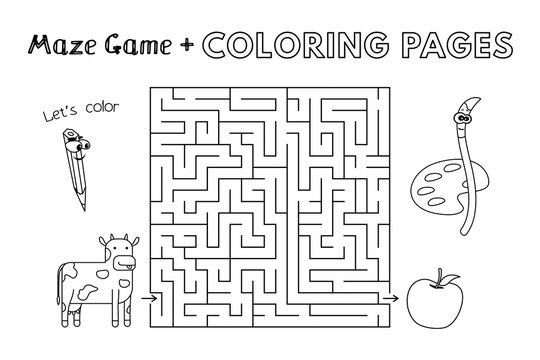 Cartoon cow maze game. Vector coloring book pages for children