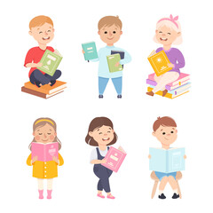 Little Boy and Girl Enjoying Reading Book and Fiction Story Vector Set