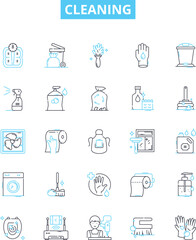 Cleaning vector line icons set. Scrubbing, Polishing, Washing, Sweeping, Sanitizing, Mopping, Disinfecting illustration outline concept symbols and signs