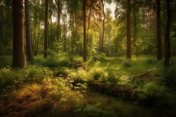 Obraz premium Green Forest Landscape with Sunlight, Background Wallpaper