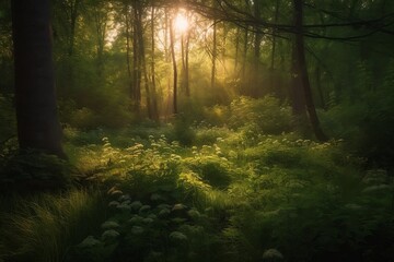 Obraz premium Green Forest Landscape with Sunlight, Background Wallpaper