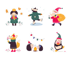 Cute New Year Character Wearing Hat and Sweater Vector Set