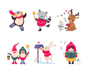 Obraz na płótnie Canvas Cute New Year Character Wearing Hat and Sweater Vector Set