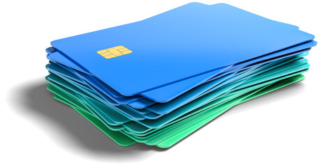 A stack of credit cards isolated on a transparent background. Color gradient green to blue