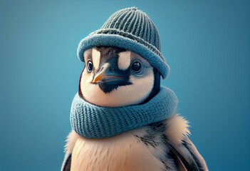cute baby penguin in a hat and scarf over blue background. Generative Ai