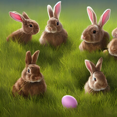  Many bunny rabbits in green grass with Easter eggs. 