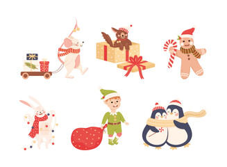 Cute New Year Character Having Fun at Wintertime Vector Set