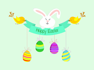 illustration with painted eggs are hung on ropes, Happy Easter lettering, chicks and easter bunny.