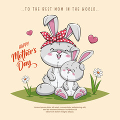 Happy Mothers Day With Cute Rabbits, Vector Cartoon Animal Illustration
