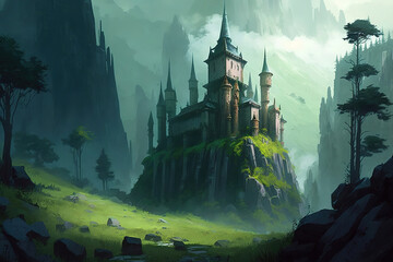 a large castle sitting on top of a lush green hillside, fantasy landscape, art illustration 