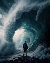 a person standing in front of a large wave, stormy ocean, concept, art illustration 