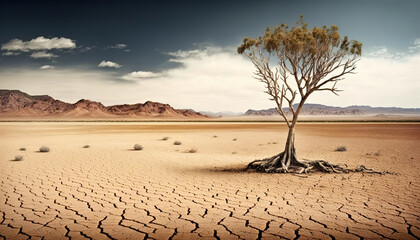 cracked field with a lone tree in the distance, dry desert, art illustration 