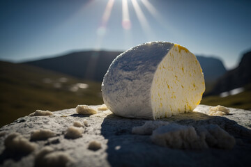 Portuguese cheese Serra da Estrela, a soft cream cheese made from sheep's milk, presented on a stone in the sun.
