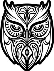 ﻿Tattoo of black and white owl, adorned with Polynesian designs.