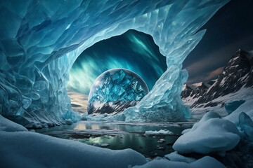 Aurora borealis over snowy mountains, frozen sea coast, reflection in water at night, generative ai