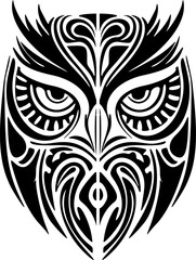 ﻿Owl tattoo in black and white with Polynesian designs.