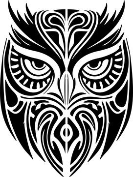Owl tattoo in black and white with Polynesian designs.