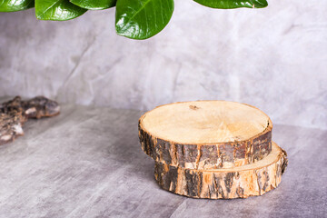Natural mock-up with a podium of two tree slices on a gray background with green leaves