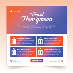 travel honeymoon sale social media post template. Web banner, flyer or poster for travelling agency business offer promotion. Holiday and tour advertisement banner design.