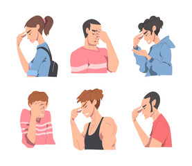 Disappointed Young Man and Woman Trying to Remember Something Feeling Frustration About Forgetting Things Vector Set