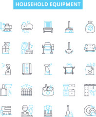Household equipment vector line icons set. Furniture, Appliances, Utensils, Dishes, Cutlery, Vacuum, Blender illustration outline concept symbols and signs
