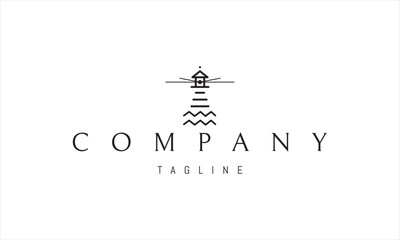 Vector logo with an abstract image of a lighthouse with rays of light and waves at the base.