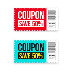 Coupon Save 50% Shopping Ticket Vector Illustration Set